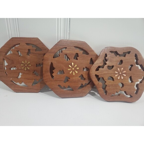 Lot of 3 Vintage Hand Carved Solid Wood Octagon Folk Art Trivet India - Picture 1 of 9